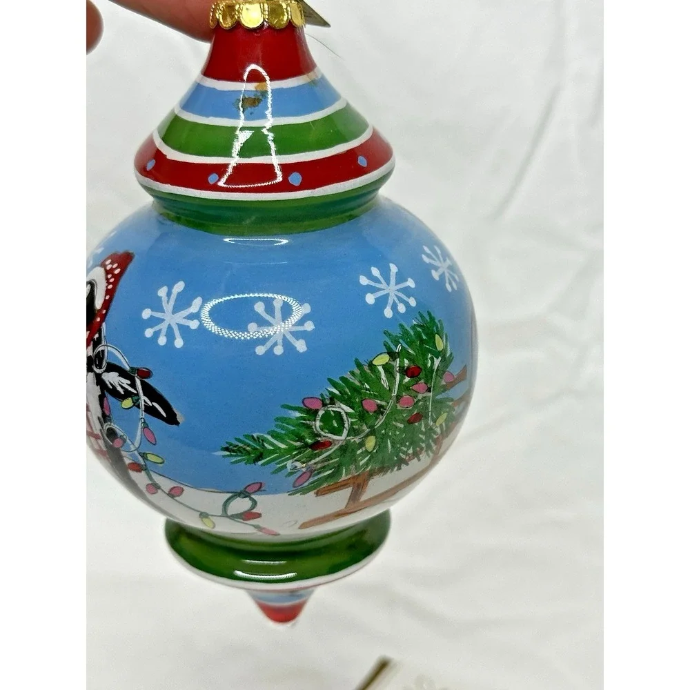 Pier 1 Le Bien Glass Ornament Reverse hand Painted Penguin Tree 2017 Teardrop